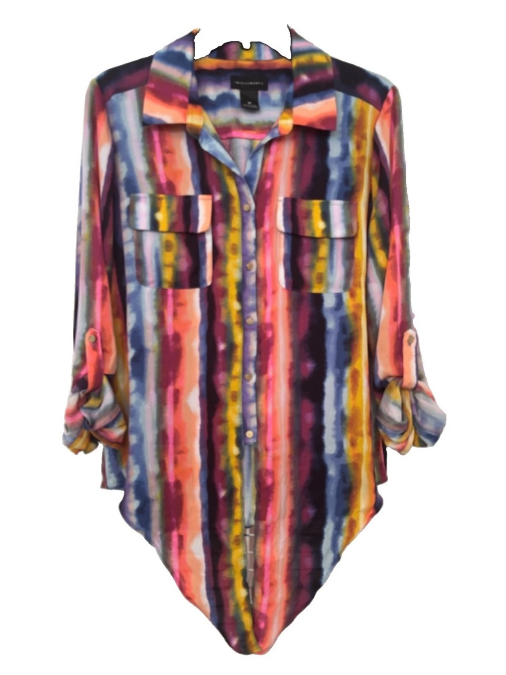 Investments Multi-Color Striped Button-Down Tunic Top Collar Roll Tab Sleeve